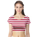 Horizontal Stripes - White and Cardinal Red Short Sleeve Crop Top (Tight Fit)