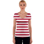 Horizontal Stripes - White and Cardinal Red Women s V-Neck Cap Sleeve Top