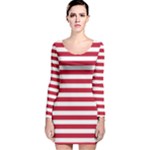 Horizontal Stripes - White and Cardinal Red Long Sleeve Velvet Bodycon Dress