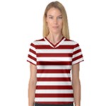 Horizontal Stripes - White and Dark Red Women s V-Neck Sport Mesh Tee