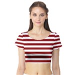 Horizontal Stripes - White and Dark Red Short Sleeve Crop Top (Tight Fit)