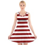 Horizontal Stripes - White and Dark Red V-Neck Sleeveless Dress