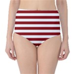 Horizontal Stripes - White and Dark Red High-Waist Bikini Bottoms