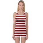 Horizontal Stripes - White and Dark Red One Piece Boyleg Swimsuit