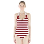 Horizontal Stripes - White and Dark Red Women s Halter One Piece Swimsuit