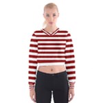 Horizontal Stripes - White and Dark Red Women s Cropped Sweatshirt