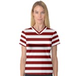 Horizontal Stripes - White and Maroon Red Women s V-Neck Sport Mesh Tee