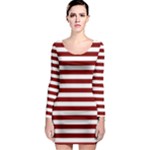 Horizontal Stripes - White and Maroon Red Long Sleeve Bodycon Dress