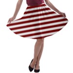 Horizontal Stripes - White and Maroon Red A-line Skater Skirt