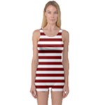 Horizontal Stripes - White and Maroon Red One Piece Boyleg Swimsuit