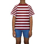 Horizontal Stripes - White and Maroon Red Kid s Short Sleeve Swimwear