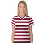 Horizontal Stripes - White and Burgundy Red Women s V-Neck Sport Mesh Tee