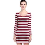 Horizontal Stripes - White and Burgundy Red Long Sleeve Bodycon Dress