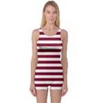 Horizontal Stripes - White and Burgundy Red One Piece Boyleg Swimsuit