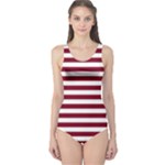 Horizontal Stripes - White and Burgundy Red One Piece Swimsuit