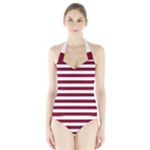 Horizontal Stripes - White and Burgundy Red Women s Halter One Piece Swimsuit