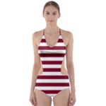 Horizontal Stripes - White and Burgundy Red Cut-Out One Piece Swimsuit