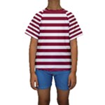 Horizontal Stripes - White and Burgundy Red Kid s Short Sleeve Swimwear