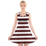 Horizontal Stripes - White and Bulgarian Rose Red V-Neck Sleeveless Dress