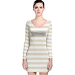 Horizontal Stripes - White and Pearl Brown Long Sleeve Velvet Bodycon Dress