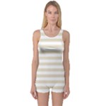 Horizontal Stripes - White and Pearl Brown One Piece Boyleg Swimsuit