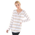Horizontal Stripes - White and Almond Brown Women s Tie Up Tee