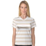 Horizontal Stripes - White and Almond Brown Women s V-Neck Sport Mesh Tee
