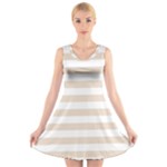 Horizontal Stripes - White and Almond Brown V-Neck Sleeveless Dress