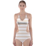 Horizontal Stripes - White and Almond Brown Cut-Out One Piece Swimsuit