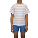 Horizontal Stripes - White and Almond Brown Kid s Short Sleeve Swimwear