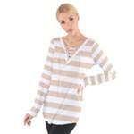 Horizontal Stripes - White and Pastel Brown Women s Tie Up Tee