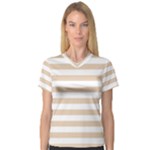 Horizontal Stripes - White and Pastel Brown Women s V-Neck Sport Mesh Tee
