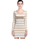 Horizontal Stripes - White and Pastel Brown Long Sleeve Velvet Bodycon Dress