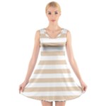 Horizontal Stripes - White and Pastel Brown V-Neck Sleeveless Dress
