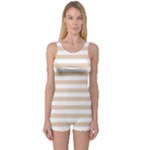 Horizontal Stripes - White and Pastel Brown One Piece Boyleg Swimsuit