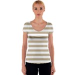 Horizontal Stripes - White and Khaki Brown Women s V-Neck Cap Sleeve Top