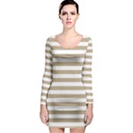 Horizontal Stripes - White and Khaki Brown Long Sleeve Bodycon Dress