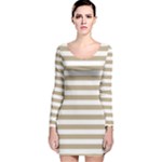 Horizontal Stripes - White and Khaki Brown Long Sleeve Velvet Bodycon Dress