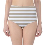 Horizontal Stripes - White and Khaki Brown High-Waist Bikini Bottoms