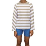 Horizontal Stripes - White and Khaki Brown Kid s Long Sleeve Swimwear