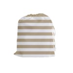 Horizontal Stripes - White and Khaki Brown Drawstring Pouch (L)