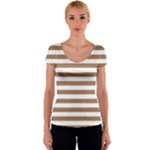 Horizontal Stripes - White and French Beige Women s V-Neck Cap Sleeve Top