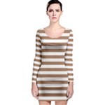 Horizontal Stripes - White and French Beige Long Sleeve Bodycon Dress