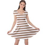 Horizontal Stripes - White and French Beige Cap Sleeve Dress