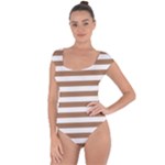 Horizontal Stripes - White and French Beige Short Sleeve Leotard (Ladies)