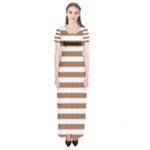 Horizontal Stripes - White and French Beige Short Sleeve Maxi Dress