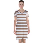 Horizontal Stripes - White and French Beige Short Sleeve Nightdress