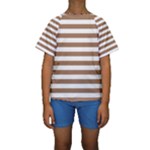Horizontal Stripes - White and French Beige Kid s Short Sleeve Swimwear