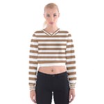 Horizontal Stripes - White and French Beige Women s Cropped Sweatshirt
