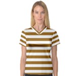 Horizontal Stripes - White and Golden Brown Women s V-Neck Sport Mesh Tee